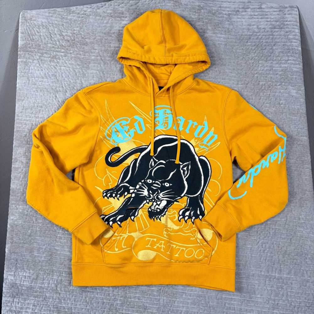 Ed Hardy Mens Mustard Yellow Panther Tattoo Graphic Hoodie EHM1300-55 Size M